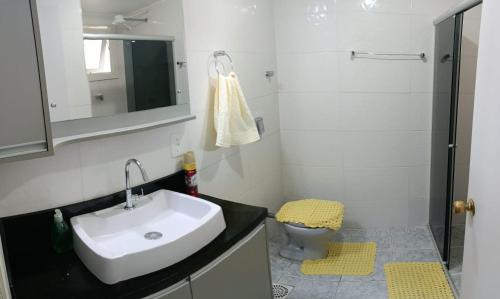 a bathroom with a sink and a toilet and a mirror at Apartamento em Bento Gonçalves-RS in Bento Gonçalves