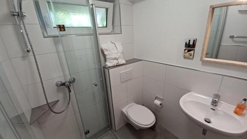 uma casa de banho com um chuveiro, um WC e um lavatório. em Kalberkamp Ferienwohnung em Kierspe