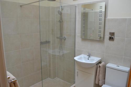 a bathroom with a shower with a toilet and a sink at Ashes Farm - Ingleborough View cottage in Settle