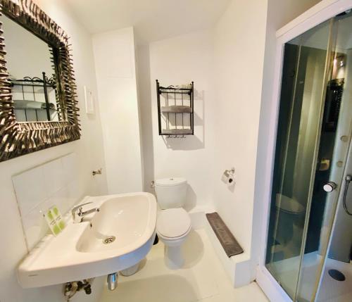 Baño blanco con aseo y lavamanos en Les chambres de la Villa EUGÉNIE, en Lézignan-Corbières