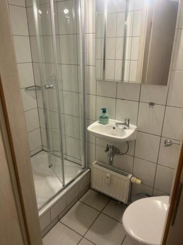 een badkamer met een douche, een wastafel en een toilet bij Ferienwohnung Siegen Eiserfeld 5 in Siegen