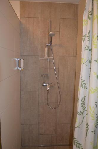 y baño con ducha y cortina de ducha. en Fewo Maiberger, en Schörfling am Attersee