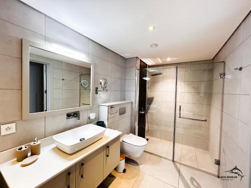 a bathroom with a sink and a toilet and a shower at Black Marlin Apartments in Pereybere