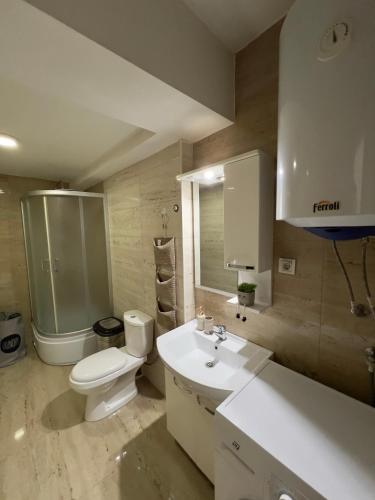 uma casa de banho com um WC branco e um lavatório. em La Maison Apartment Skopje em Skopje