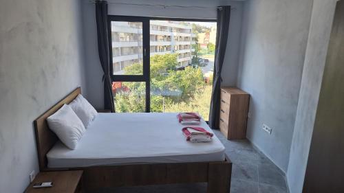 クラネヴォにあるBeach apartments Emaの窓付きのベッドが備わる小さな客室です。