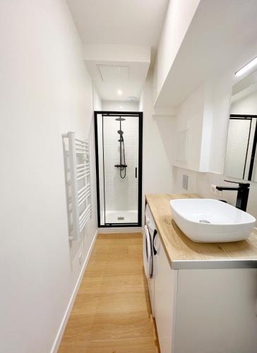 - une salle de bains blanche pourvue d'un lavabo sur un comptoir dans l'établissement LE COEUR DE FALGUIERE - Hypercentre - Gare, à Toulouse