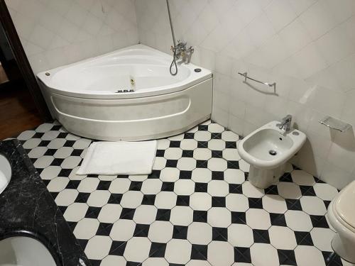 a bathroom with a toilet and a tub and a sink at Il Cielo di Lucio in Pisa