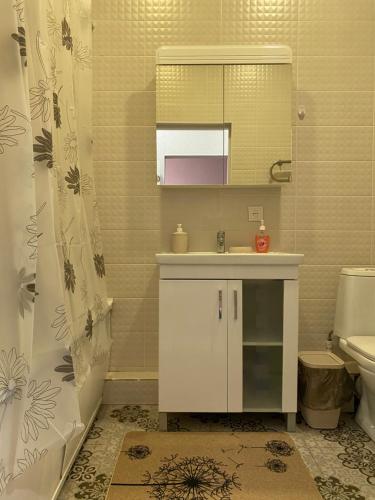 ein Badezimmer mit einem Waschbecken, einem WC und einem Spiegel in der Unterkunft 1 комнатная квартира в ЖК Арман в самом центре города in Aqtöbe