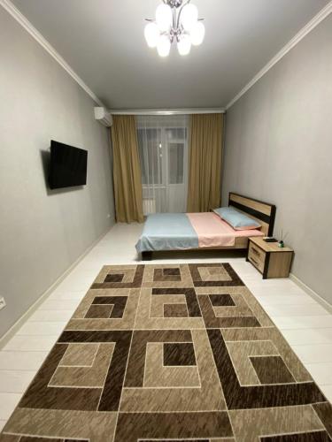 Schlafzimmer mit einem Bett, einem TV und einem Teppich in der Unterkunft 1 комнатная квартира в ЖК Арман в самом центре города in Aqtöbe