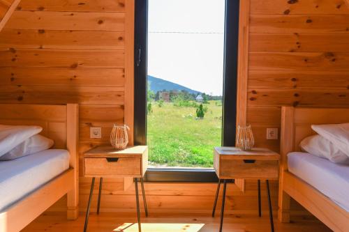 une chambre avec deux lits et une grande fenêtre dans l'établissement Guest House Max, à Žabljak