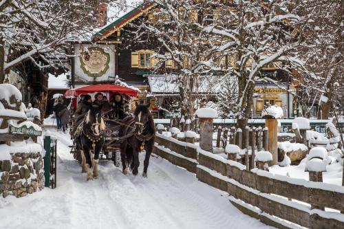 a horse drawn carriage driving down a snow covered street at Das Gertraud in Filzmoos