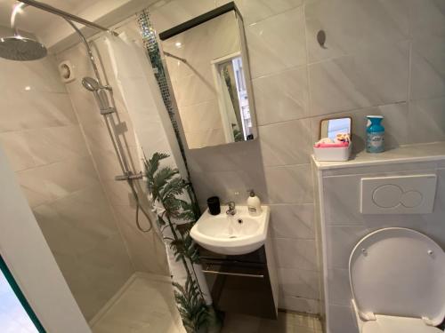 uma casa de banho com um chuveiro, um lavatório e um WC. em Urban Chic Paris em Les Lilas