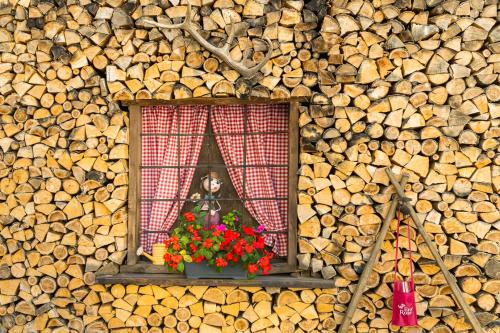 a window with a flower pot with red flowers in it at Le Rondini in Tirano