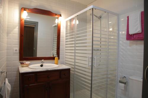 a bathroom with a sink and a glass shower at La Masia in Sant Pere Pescador