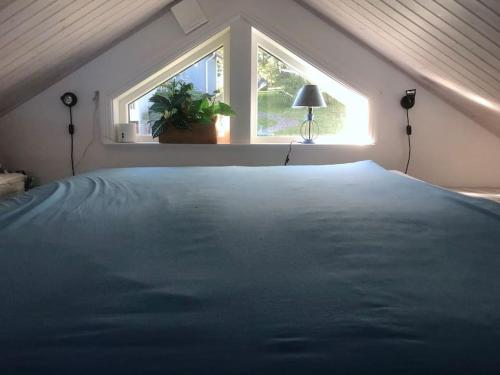 Schlafzimmer mit einem großen Bett und einem Fenster in der Unterkunft Sjöstuga/gästhus i skärgården. in Åkersberga