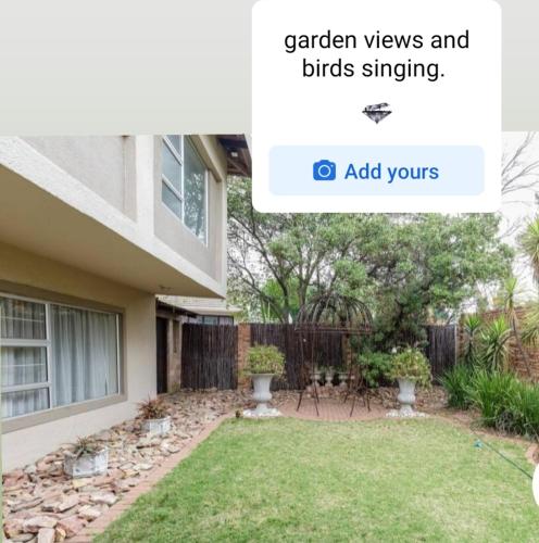 a text message about a garden views and birds singing at Jewel of Jozi in Edenvale