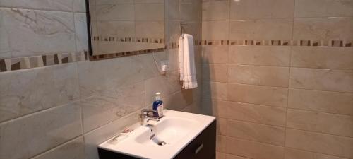 a bathroom with a sink and a mirror at Joyous AP Guest House in Aburi