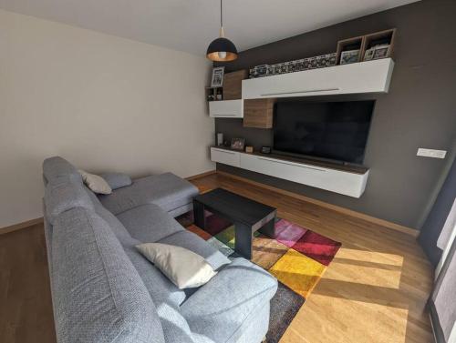 a living room with a gray couch and a flat screen tv at Piso completo y moderno, Burgos in Burgos