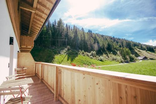 a balcony with a view of a mountain at Nedererhof - Zimmer Enzian mit Gemeinschaftsküche in Schmirn