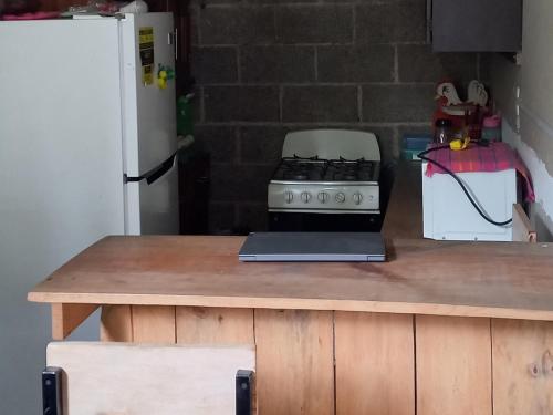 a kitchen counter with a stove and a refrigerator at Cora Izone in Cob&aacute;n