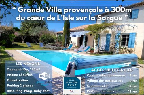 un flyer pour une maison avec piscine dans l'établissement La Villa des Lavandes - A 300m du Centre, au calme, et au vert !, à LʼIsle-sur-la-Sorgue