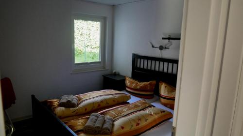 a room with three beds with pillows and a window at Ferienhäuser Mittelhof in Bad Berleburg
