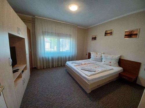 バラトンボグラールにあるApartment in Balatonboglar/Balaton 18168のベッドとテレビが備わるホテルルームです。