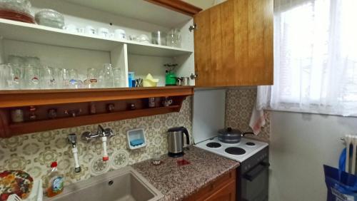 a small kitchen with a stove and a sink at O'GERA Greek resort house in the mountains in Kókla