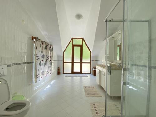 a bathroom with a toilet and a glass shower at Mavi Ev in Marmaris