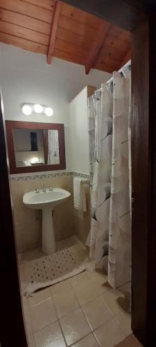 a bathroom with a sink and a mirror at Apart Los Cerrillos in Balcarce