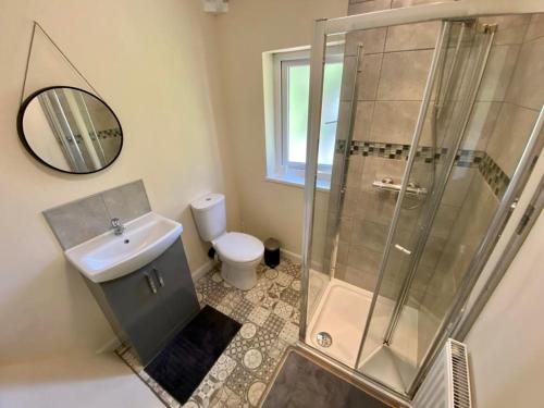 a bathroom with a shower and a toilet and a sink at Single room Beeston wollaton park near University in Nottingham