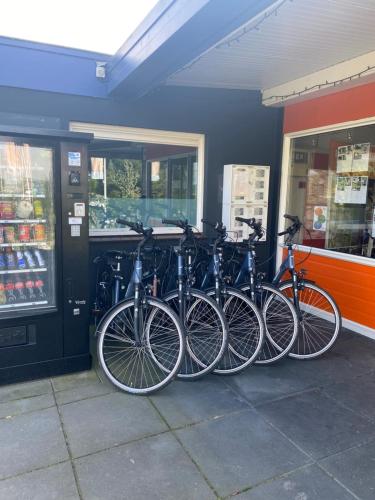 a row of bikes parked in front of a store at LUXUS Cube Ferienhaus Chalet am See mit Schwimmbad in Lathum NL in Lathum