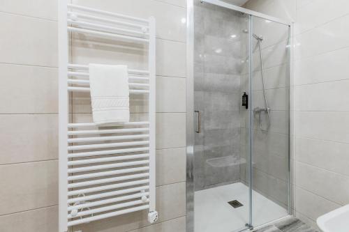 baño con ducha y puerta de cristal en Blue Apartments, en Leiria