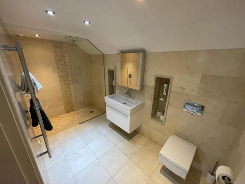 ein Badezimmer mit einem weißen Waschbecken und einem WC in der Unterkunft Fernside Barn Apartment in Pickmere