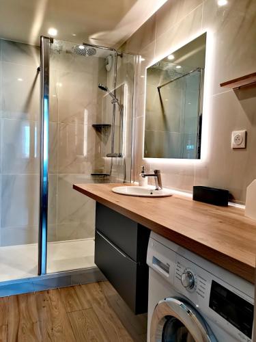 une salle de bain avec douche et lavabo et une machine à laver dans l'établissement Proche Nancy centre, à quelques pas des Thermes et du campus ARTEM, appartement calme avec parking gratuit, à Nancy