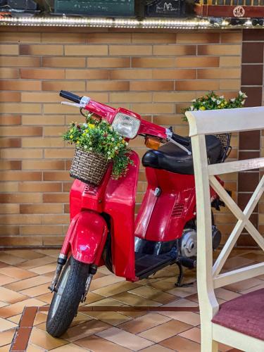 a red scooter with a basket of flowers on it at Hotel Palazzo Reale in Campos do Jordão