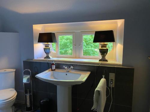 a bathroom with a sink and two lamps on a window at Schloss Langenzell, Grafensuite in Wiesenbach