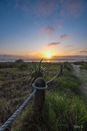 a rope tied to a post on the beach at sunset at Stanmore Bay Beach House in Whangaparaoa