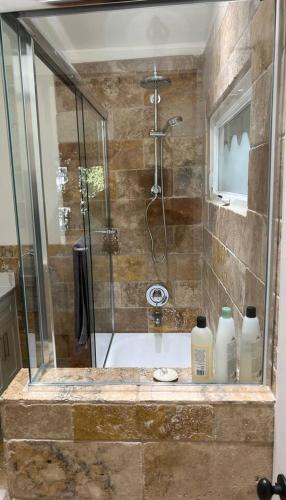 a bathroom with a shower with two bottles on a counter at laguna beach cottage home in Laguna Beach
