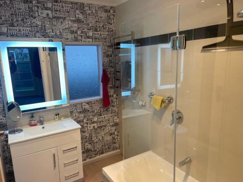 een badkamer met een douche, een wastafel en een spiegel bij Kaiapoi Village House in Kaiapoi