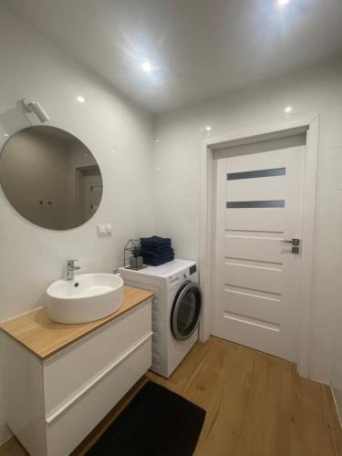 a bathroom with a sink and a washing machine at Apartament w centrum Gdyni in Gdynia