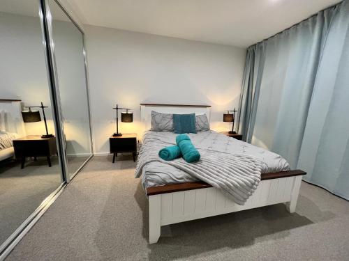 a bedroom with a bed with blue pillows and a mirror at Embark Luxe 2BR 2Bath Apartment in Lynham 1 Secure Carpark Wifi Canberra in Canberra