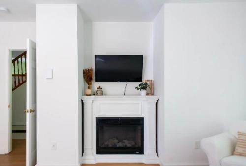a living room with a fireplace with a flat screen tv at Catskill Cabin with Firepit & Brilliant Fall Views in Catskill