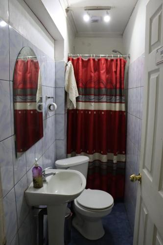 a bathroom with a toilet and a red shower curtain at Hostal Valle Central San Fernando, Chile in San Fernando