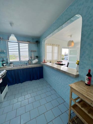 a blue kitchen with a sink and a counter at Villa Alborada in Arecibo