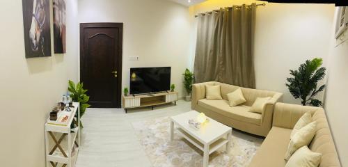 - un salon avec un canapé et une télévision dans l'établissement شقة فاخرة غرفة نوم وصالة, à Riyad
