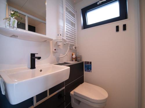 La salle de bains est pourvue d'un lavabo, de toilettes et d'une fenêtre. dans l'établissement Luxury houseboat with beautiful views over the Mookerplas, à Middelaar