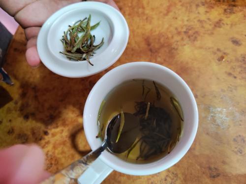 a person holding a cup of tea with a spoon at Nepal Village Local Family Stay - Ideal for Eco-Conscious Travelers in Bandipur