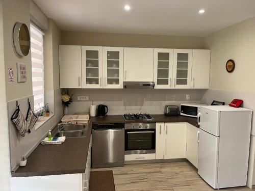 a kitchen with white cabinets and stainless steel appliances at ALOM in Osijek