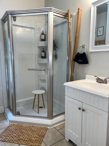 a bathroom with a shower and a sink and a stool at The Zen Home near Temple U & Drexel FREE STREET PARKING in Philadelphia